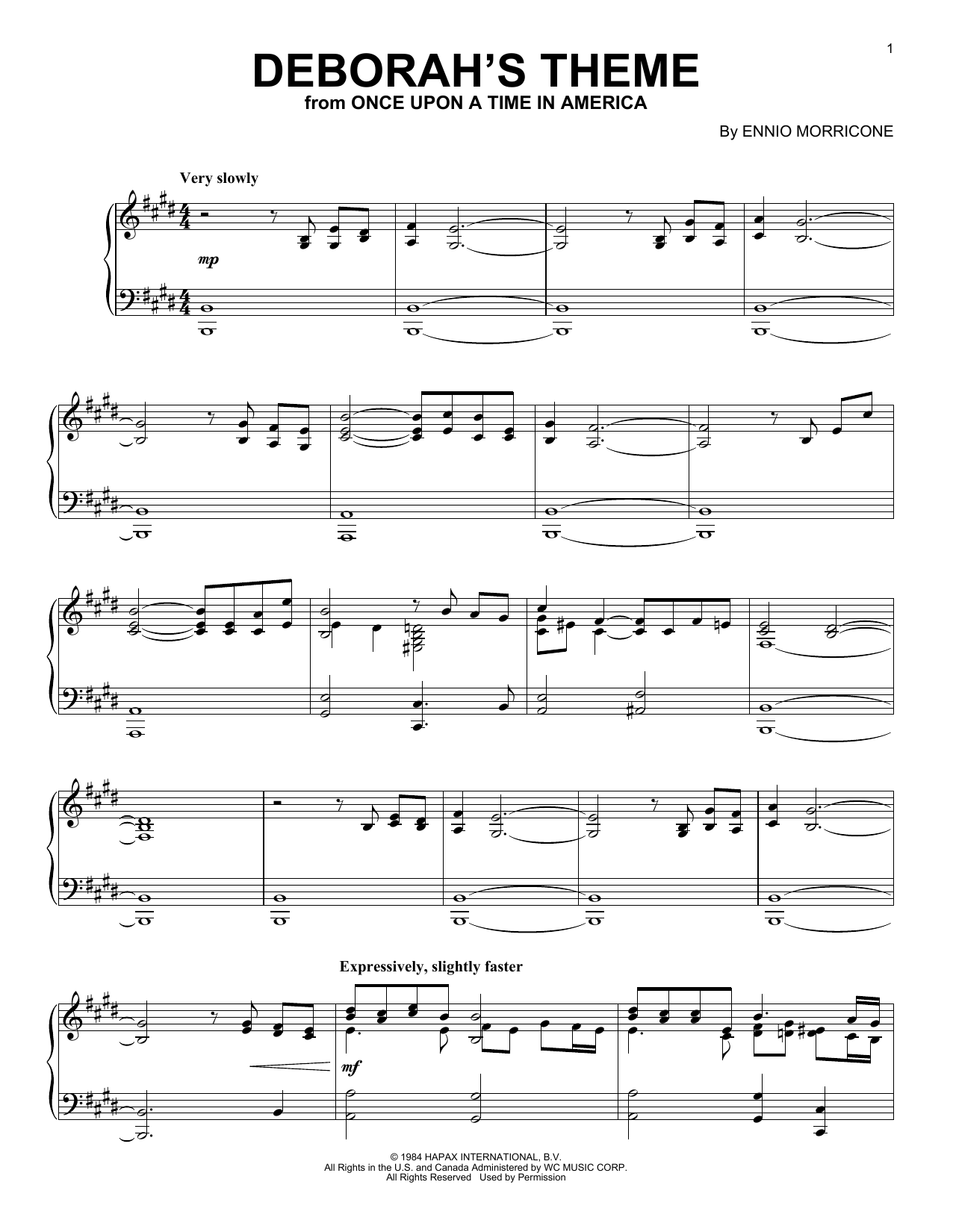 Ennio Morricone Deborah's Theme (from Once Upon A Time In America) sheet music notes and chords arranged for Piano Solo