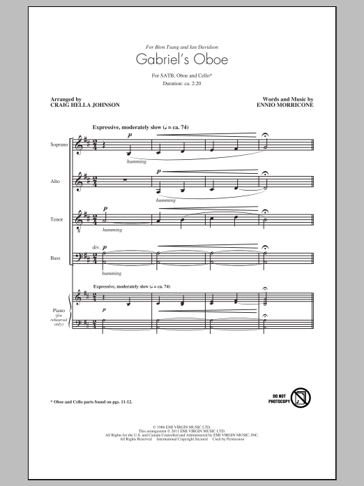 Ennio Morricone Gabriel's Oboe (from The Mission) (arr. Craig Hella Johnson) sheet music notes and chords arranged for SATB Choir