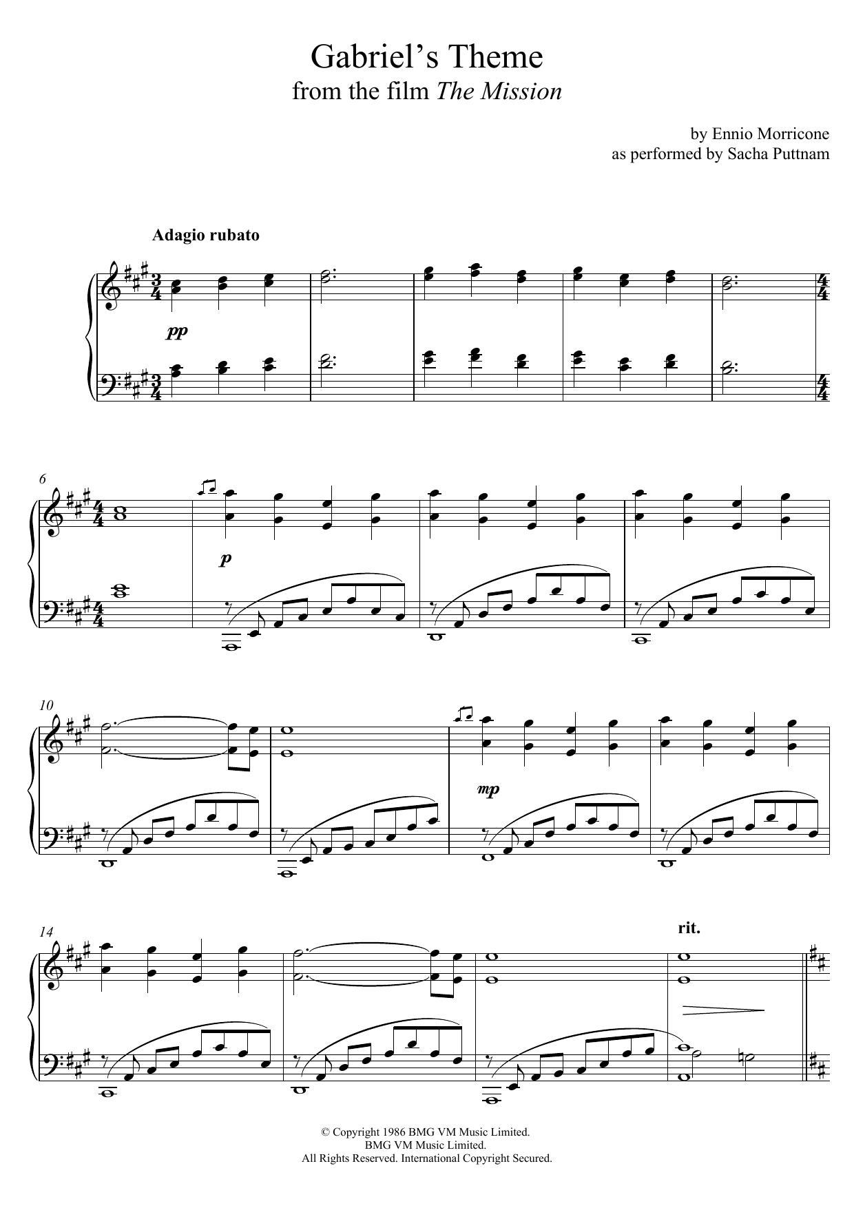 Ennio Morricone Gabriel's Oboe (from The Mission) (as performed by Sacha Puttnam) sheet music notes and chords arranged for Piano Solo