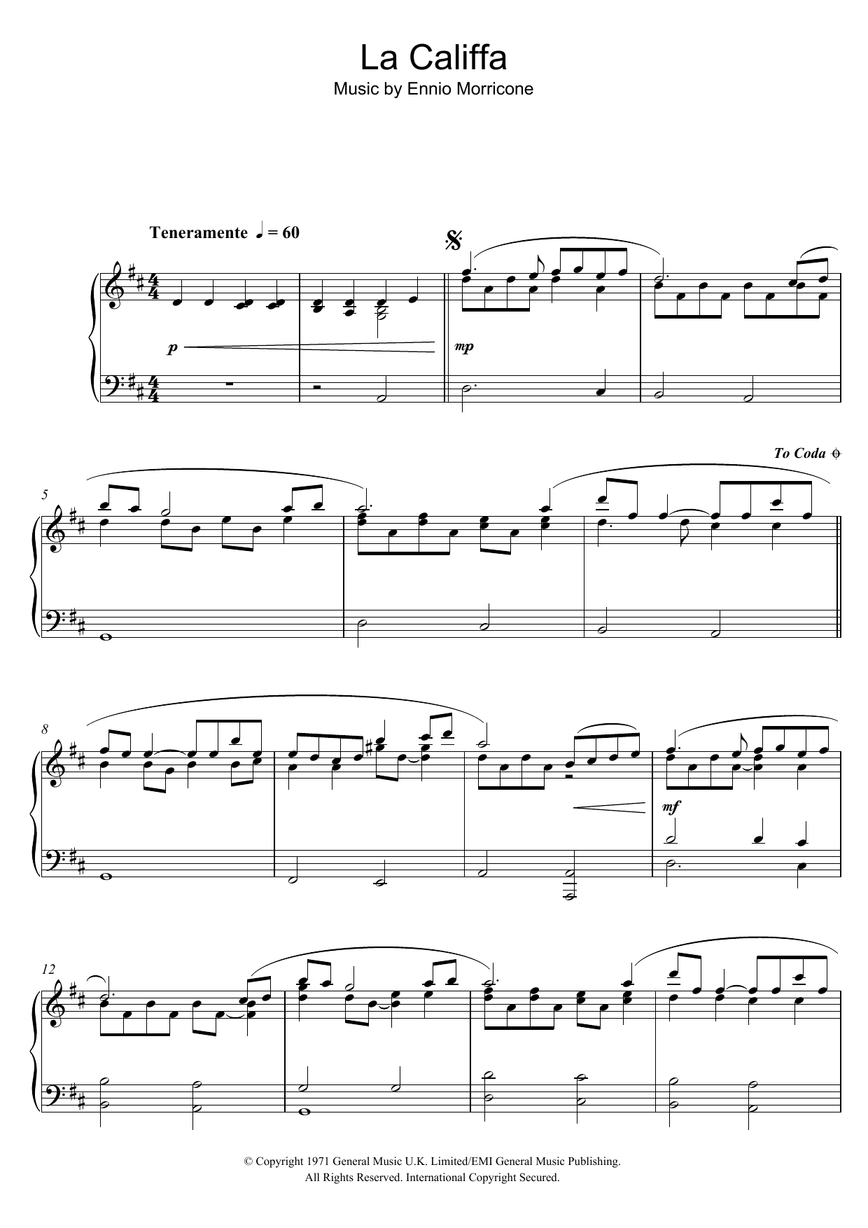 Ennio Morricone La Califfa sheet music notes and chords arranged for Piano Solo