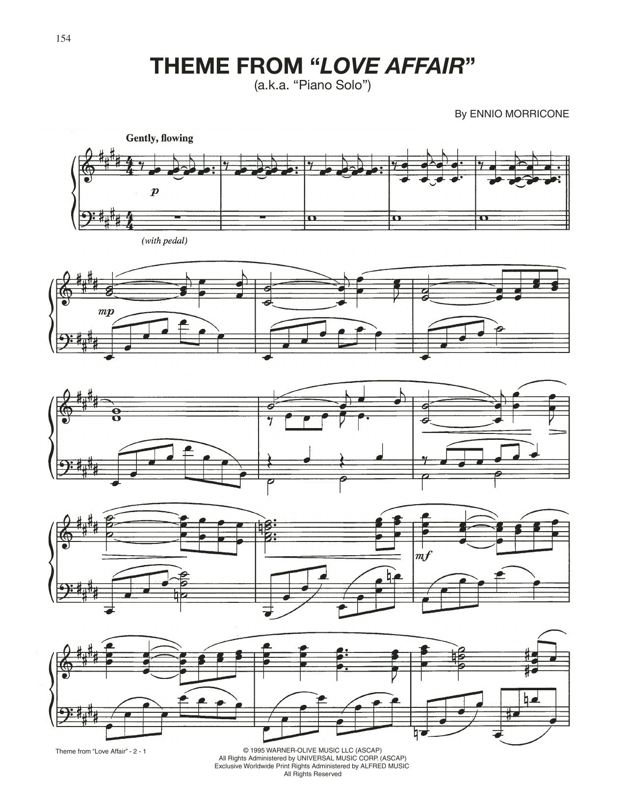Ennio Morricone Love Affair (Title Theme) sheet music notes and chords arranged for Piano Solo