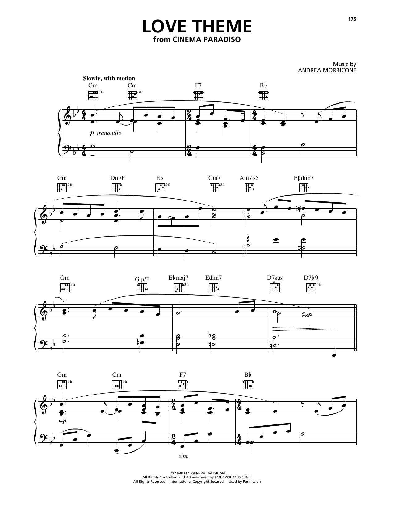 Ennio Morricone Love Theme (Tema D'Amore) (from Cinema Paradiso) sheet music notes and chords arranged for Piano Solo