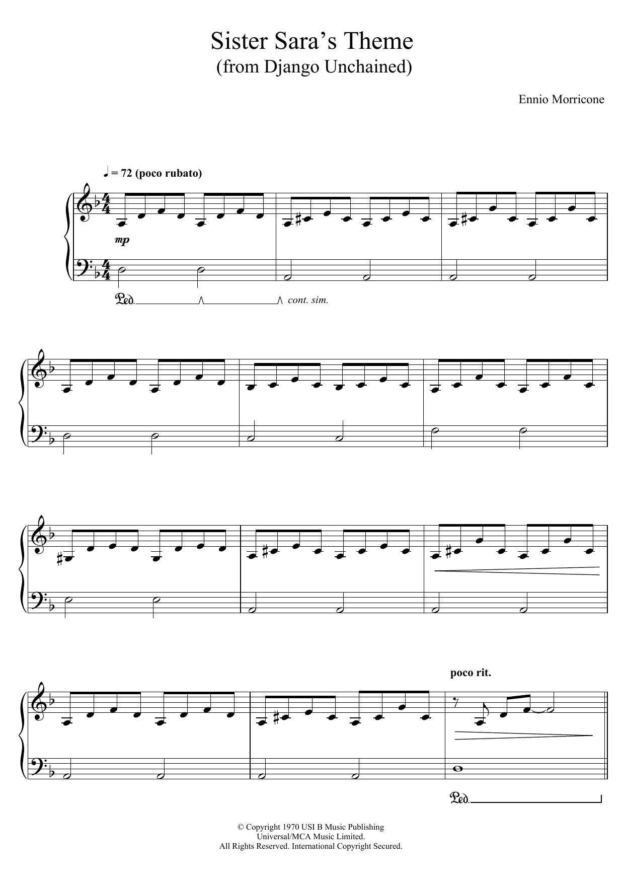 Ennio Morricone Sister Sara's Theme (Django Unchained) sheet music notes and chords arranged for Piano Solo