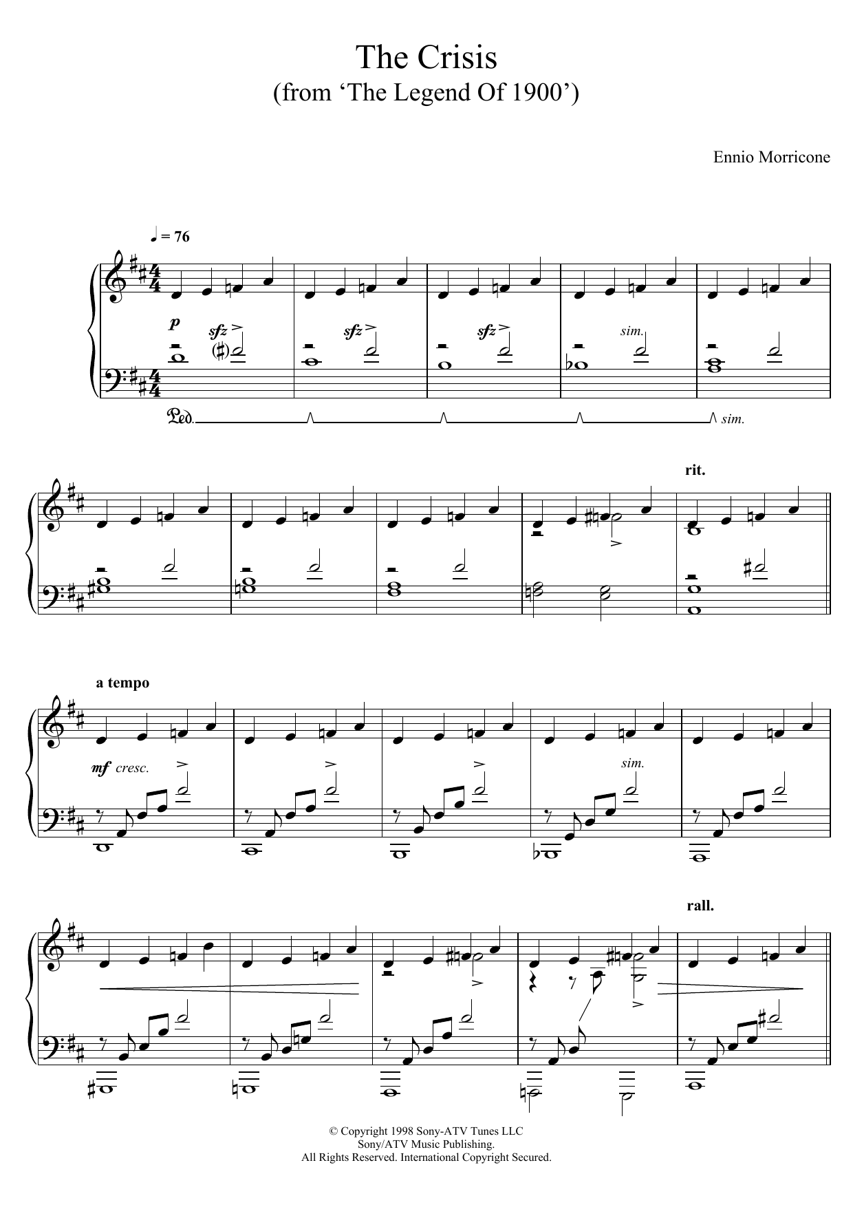 Ennio Morricone The Crisis (From 'The Legend Of 1900') sheet music notes and chords arranged for Piano Solo