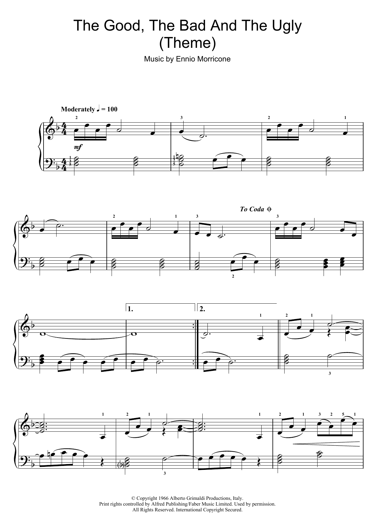 Ennio Morricone The Good, The Bad And The Ugly (Theme) sheet music notes and chords arranged for Easy Piano