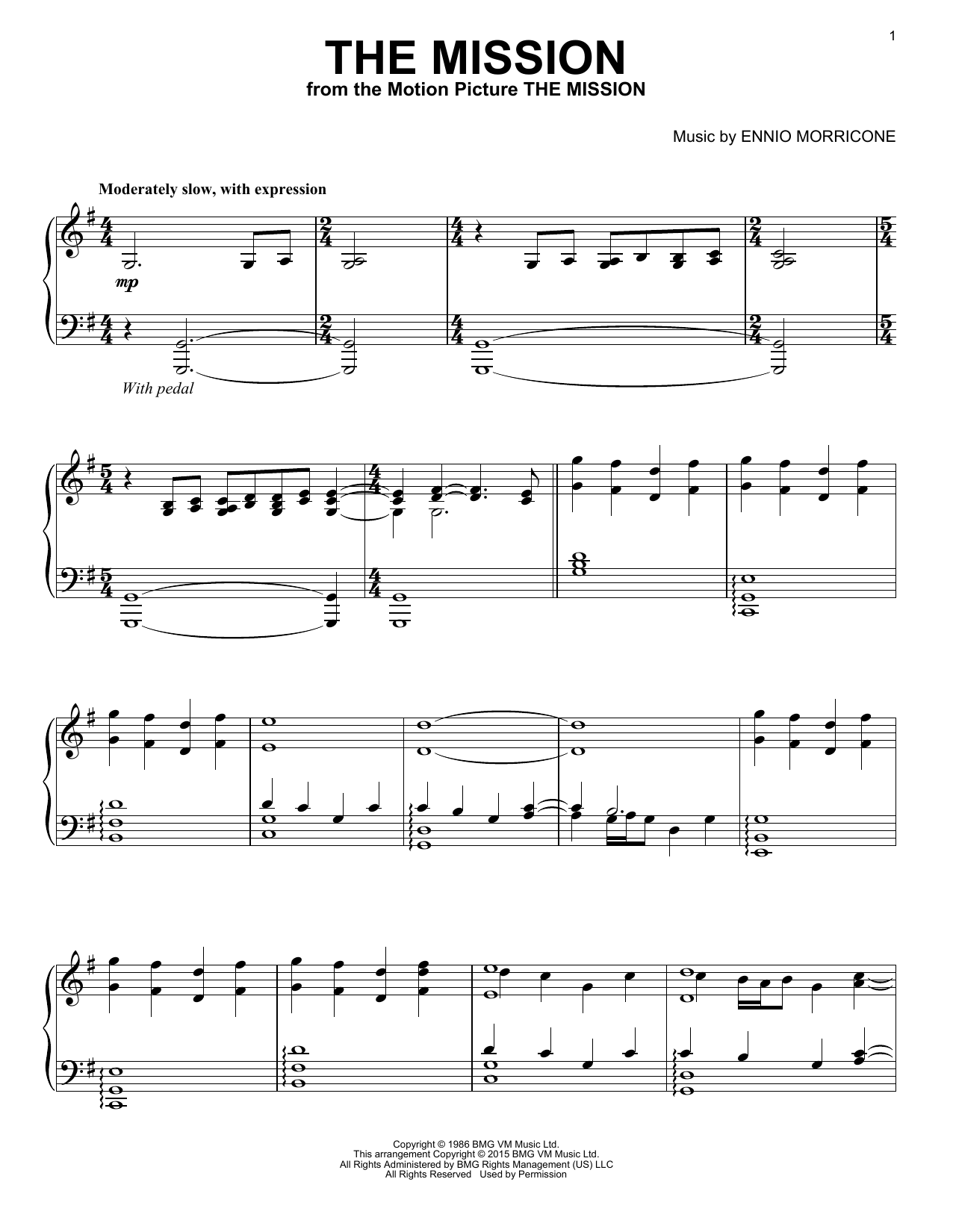 Ennio Morricone The Mission sheet music notes and chords arranged for Piano Solo