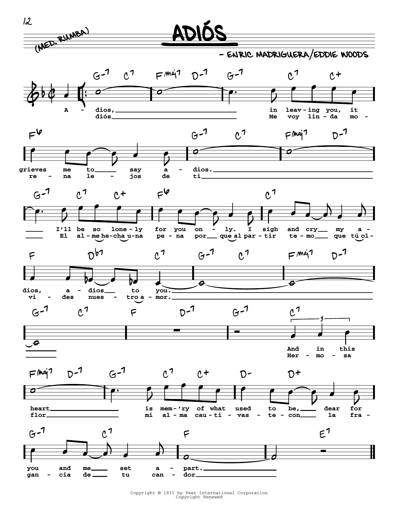 Enric Madriguera Adios (High Voice) sheet music notes and chords arranged for Real Book – Melody, Lyrics & Chords
