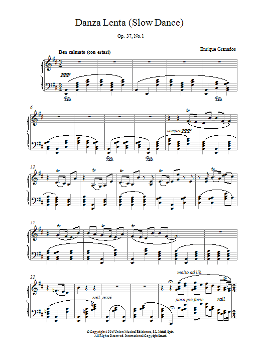Enrique Granados Danza Lenta Op37 No1 sheet music notes and chords arranged for Piano Solo