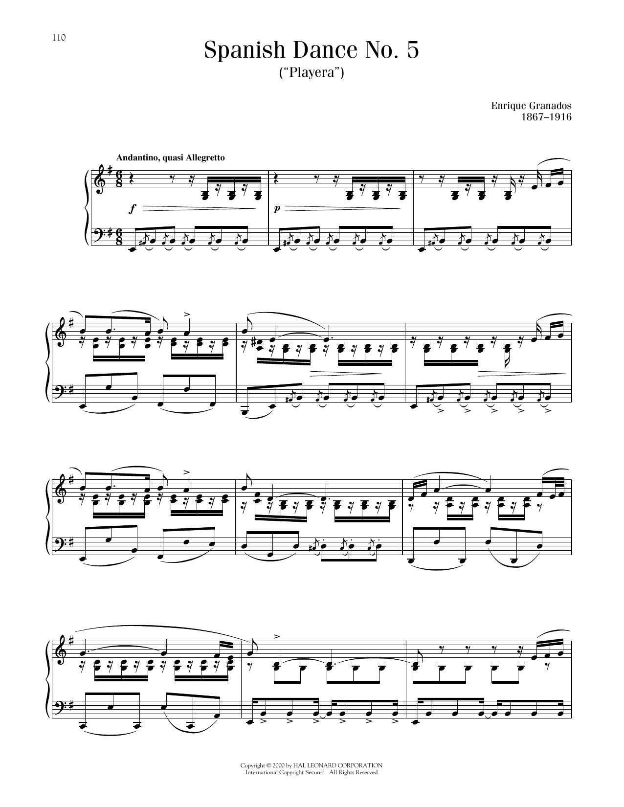 Enrique Granados Playera, Op. 5, No. 5 sheet music notes and chords arranged for Piano Solo