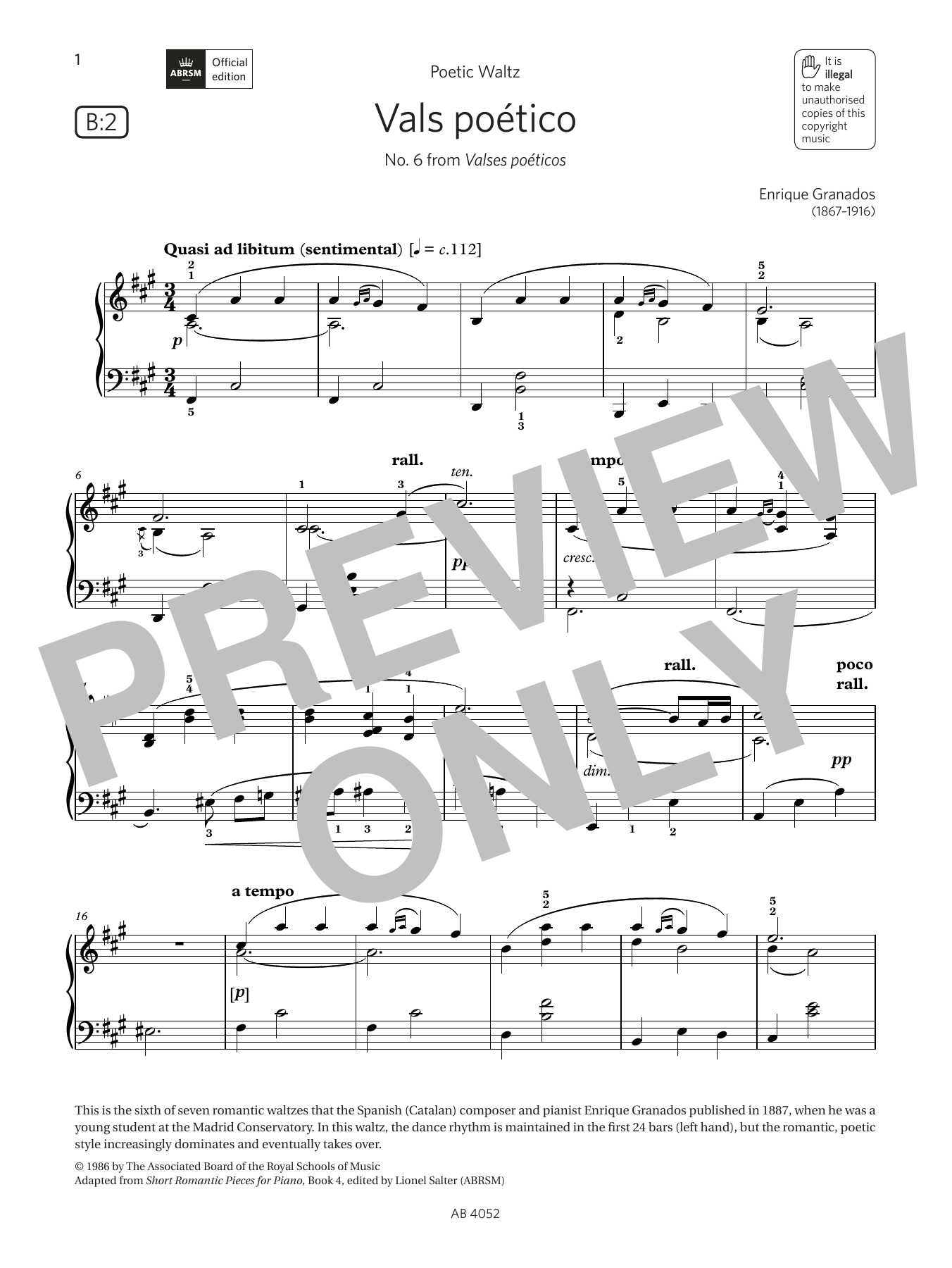 Enrique Granados Vals poético (Grade 6, list B2, from the ABRSM Piano Syllabus 2023 & 2024) sheet music notes and chords arranged for Piano Solo