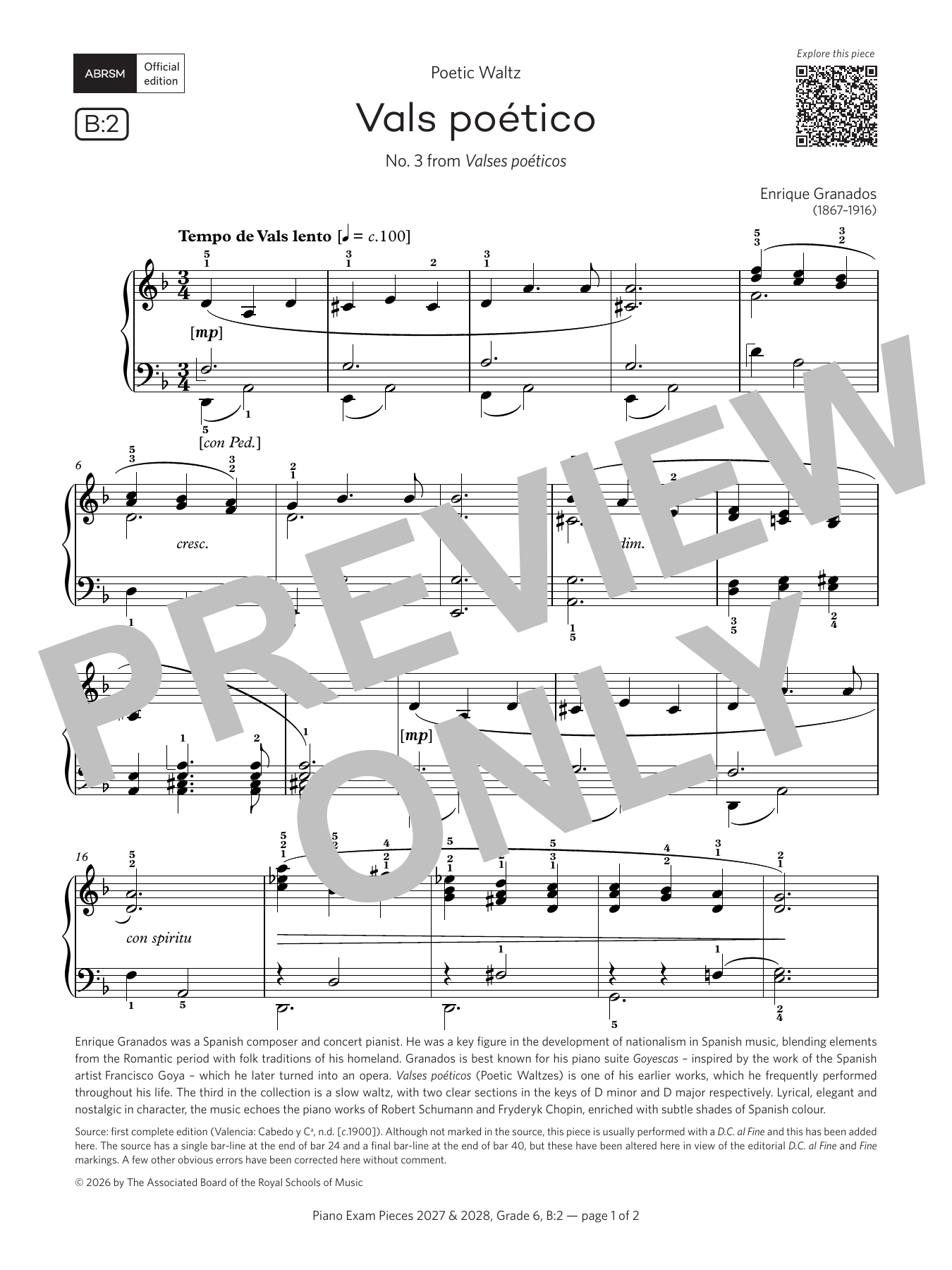 Enrique Granados Vals poético (Grade 6, list B2, from the ABRSM Piano Syllabus 2027 & 2028) sheet music notes and chords arranged for Piano Solo