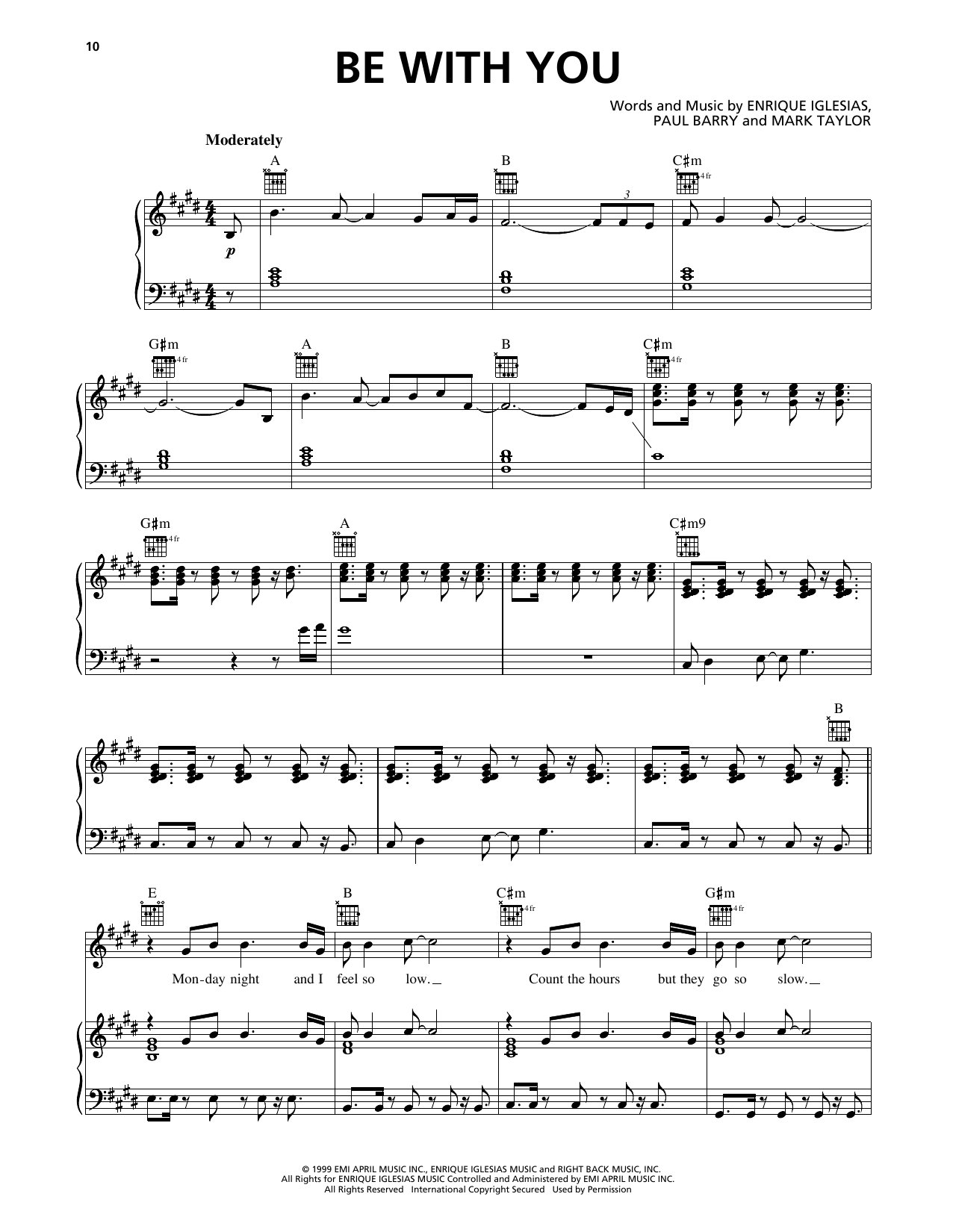 Enrique Iglesias Be With You sheet music notes and chords arranged for Piano, Vocal & Guitar Chords (Right-Hand Melody)