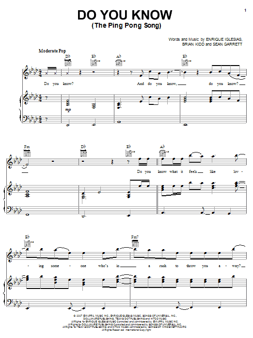 Enrique Iglesias Do You Know? (The Ping Pong Song) sheet music notes and chords arranged for Piano, Vocal & Guitar Chords (Right-Hand Melody)