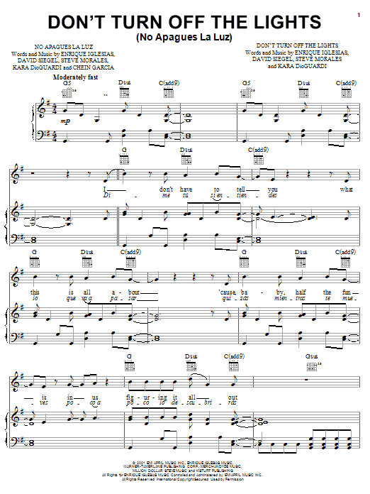 Enrique Iglesias Don't Turn Off The Lights sheet music notes and chords arranged for Piano, Vocal & Guitar Chords (Right-Hand Melody)