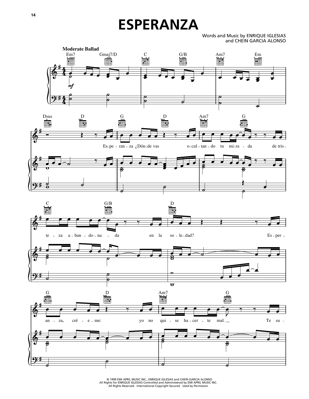 Enrique Iglesias Esperanza sheet music notes and chords arranged for Piano, Vocal & Guitar Chords (Right-Hand Melody)