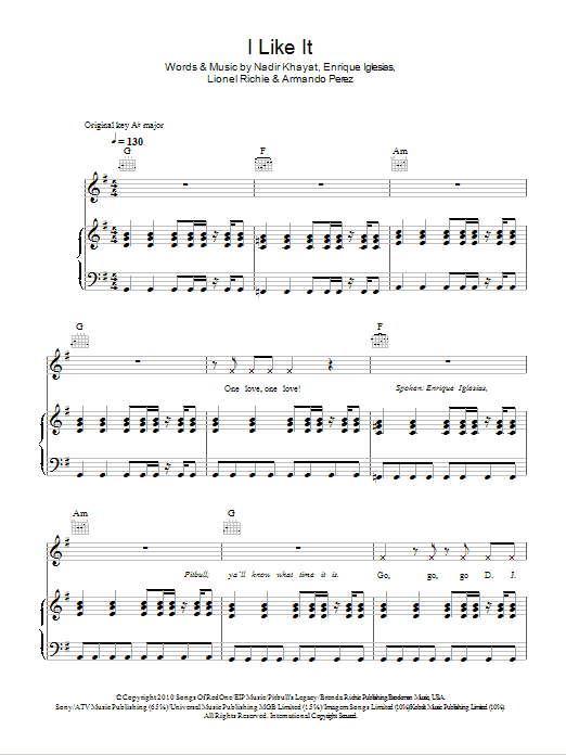 Enrique Iglesias feat. Pitbull I Like It sheet music notes and chords arranged for Piano, Vocal & Guitar Chords