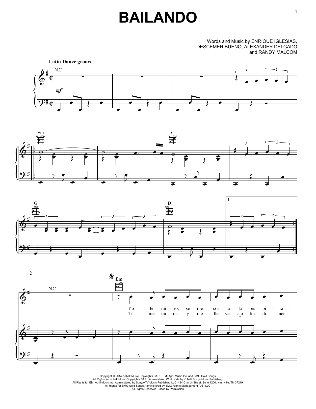 Enrique Iglesias Featuring Descemer Bueno and Gente de Zona Bailando sheet music notes and chords arranged for Piano, Vocal & Guitar Chords (Right-Hand Melody)