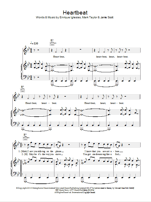 Enrique Iglesias featuring Nicole Scherzinger Heartbeat sheet music notes and chords arranged for Piano, Vocal & Guitar Chords