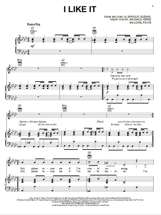 Enrique Iglesias featuring Pitbull I Like It sheet music notes and chords arranged for Piano, Vocal & Guitar Chords (Right-Hand Melody)