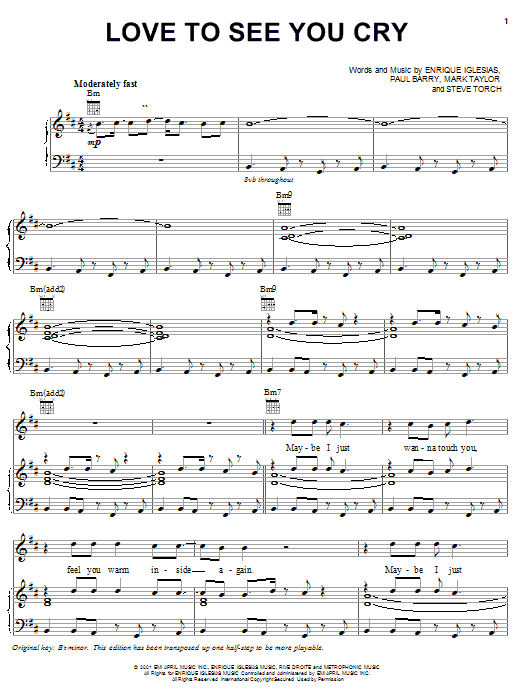 Enrique Iglesias Love To See You Cry sheet music notes and chords arranged for Piano, Vocal & Guitar Chords (Right-Hand Melody)
