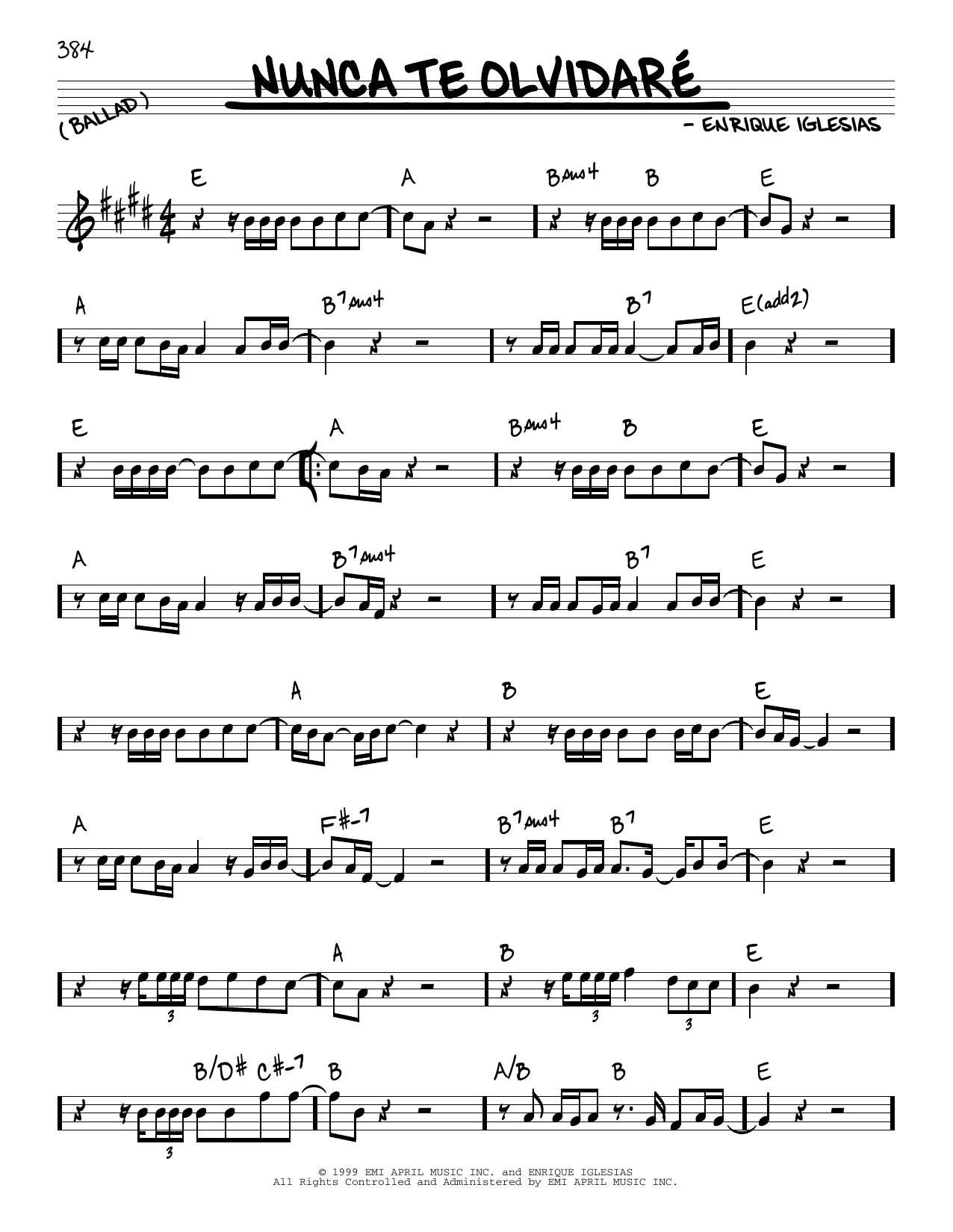 Enrique Iglesias Nunca Te Olvidare sheet music notes and chords arranged for Real Book – Melody & Chords