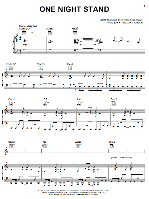 Enrique Iglesias One Night Stand sheet music notes and chords arranged for Piano, Vocal & Guitar Chords (Right-Hand Melody)