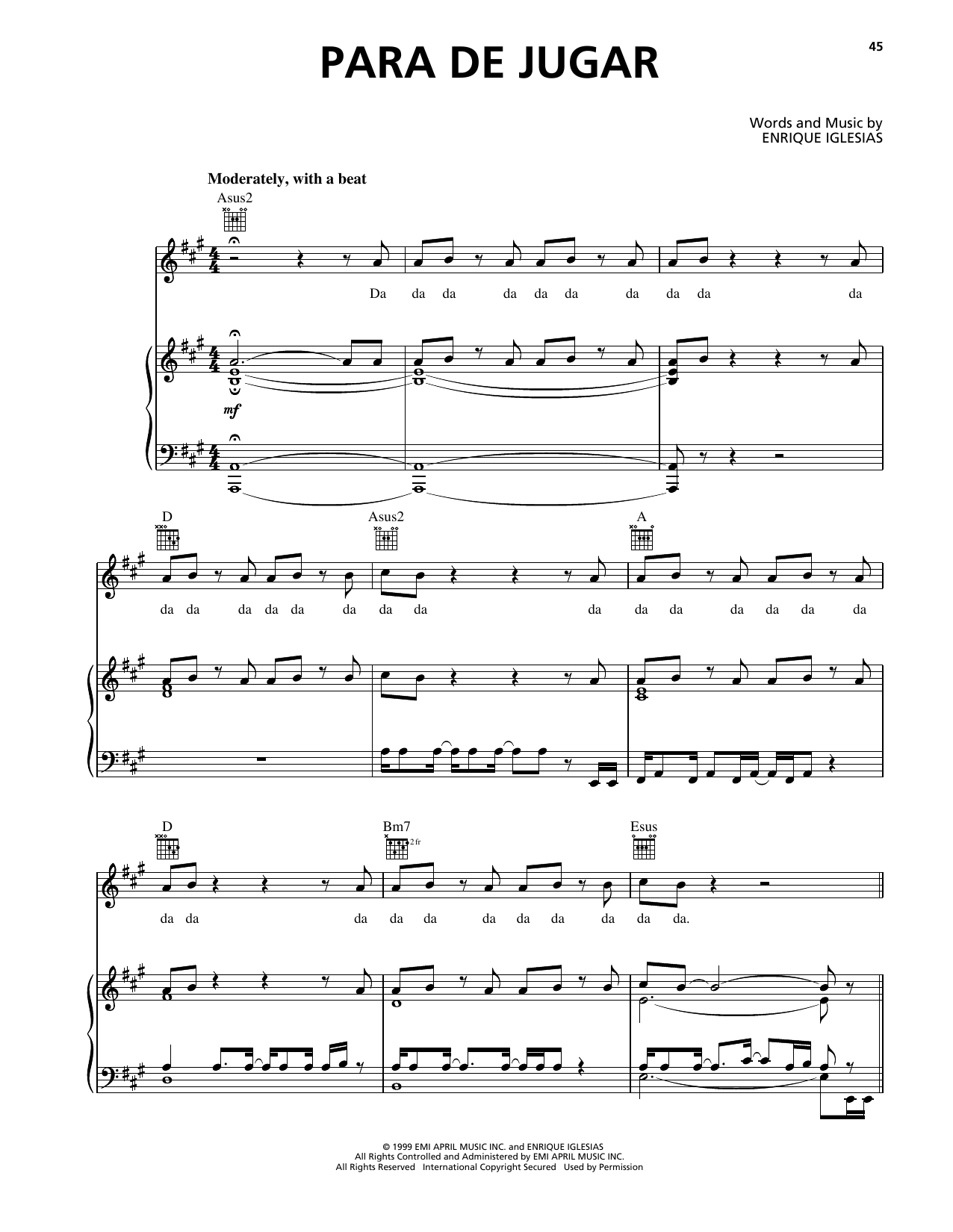 Enrique Iglesias Para De Jugar sheet music notes and chords arranged for Piano, Vocal & Guitar Chords (Right-Hand Melody)