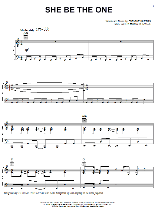 Enrique Iglesias She Be The One sheet music notes and chords arranged for Piano, Vocal & Guitar Chords (Right-Hand Melody)