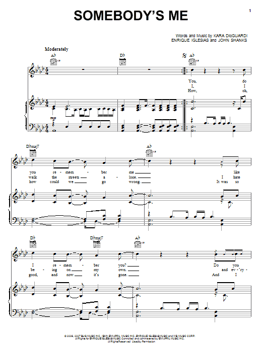 Enrique Iglesias Somebody's Me sheet music notes and chords arranged for Piano, Vocal & Guitar Chords (Right-Hand Melody)