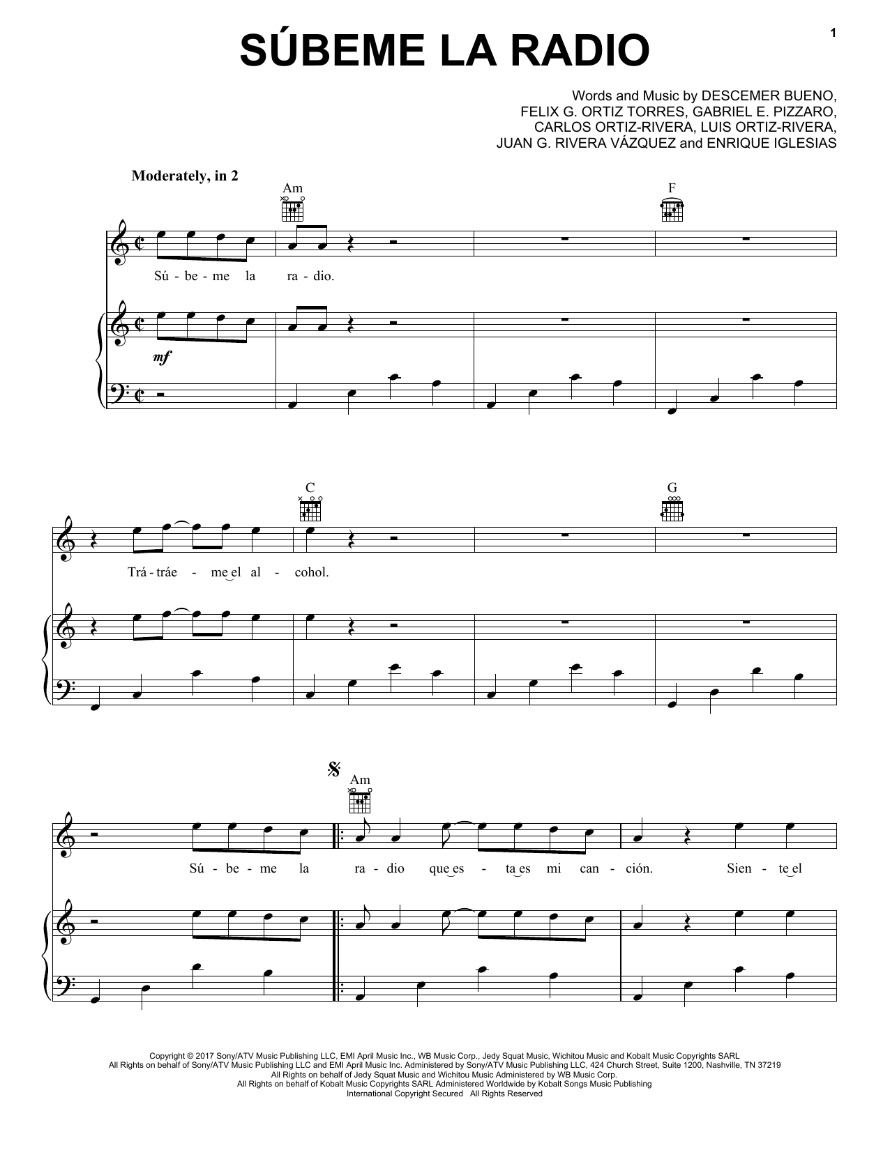 Enrique Iglesias Subeme La Radio sheet music notes and chords arranged for Piano, Vocal & Guitar Chords (Right-Hand Melody)