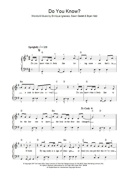 Enrique Inglesias Do You Know? sheet music notes and chords arranged for Easy Piano