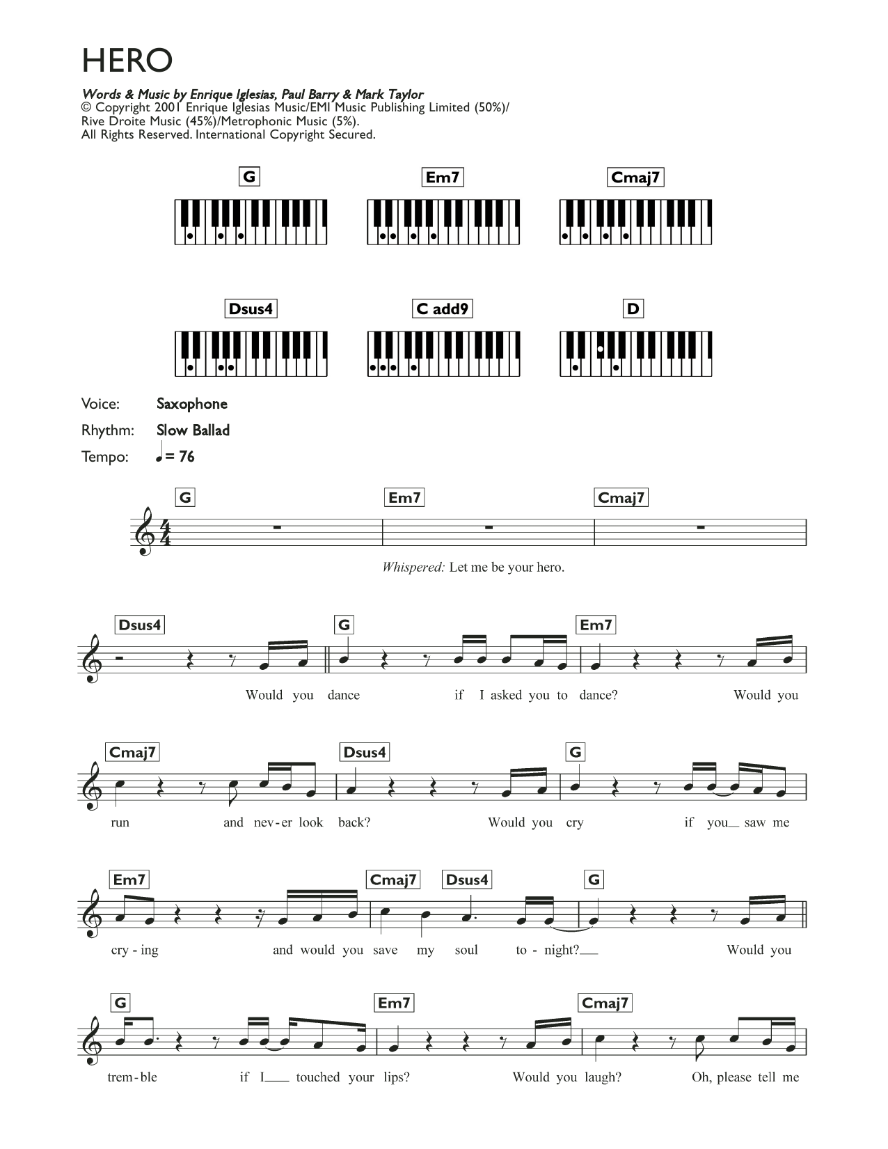 Enrique Inglesias Hero sheet music notes and chords arranged for Keyboard (Abridged)