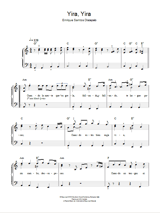 Enrique Santos Discepolo Yira, Yira sheet music notes and chords arranged for Easy Piano