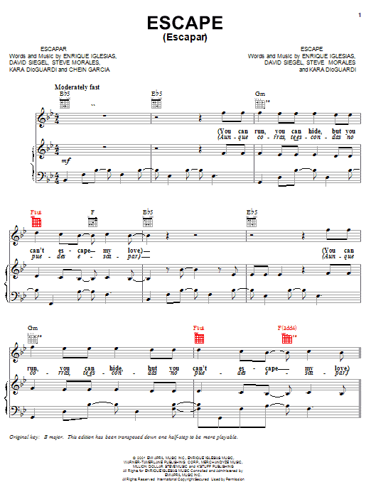Enrique Iglesias Escape (Escapar) sheet music notes and chords arranged for Piano, Vocal & Guitar Chords (Right-Hand Melody)