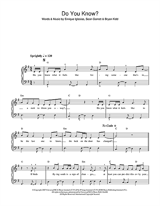 Enrique Inglesias Do You Know? sheet music notes and chords arranged for Beginner Piano