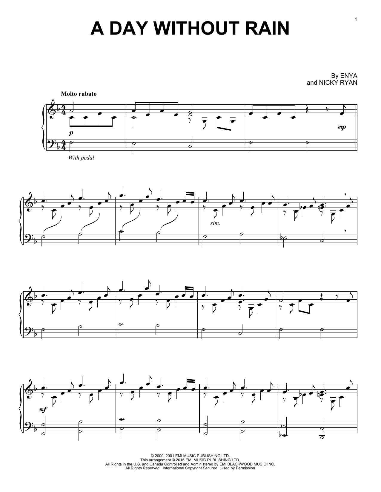 Enya A Day Without Rain sheet music notes and chords arranged for Big Note Piano