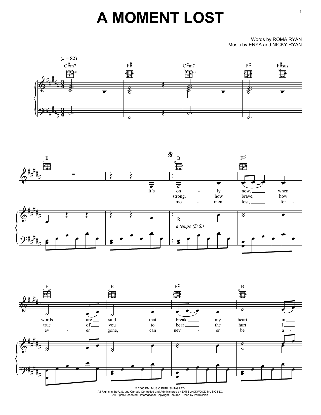 Enya A Moment Lost sheet music notes and chords arranged for Piano, Vocal & Guitar Chords (Right-Hand Melody)