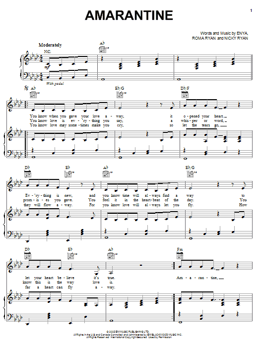 Enya Amarantine sheet music notes and chords arranged for Piano, Vocal & Guitar Chords (Right-Hand Melody)