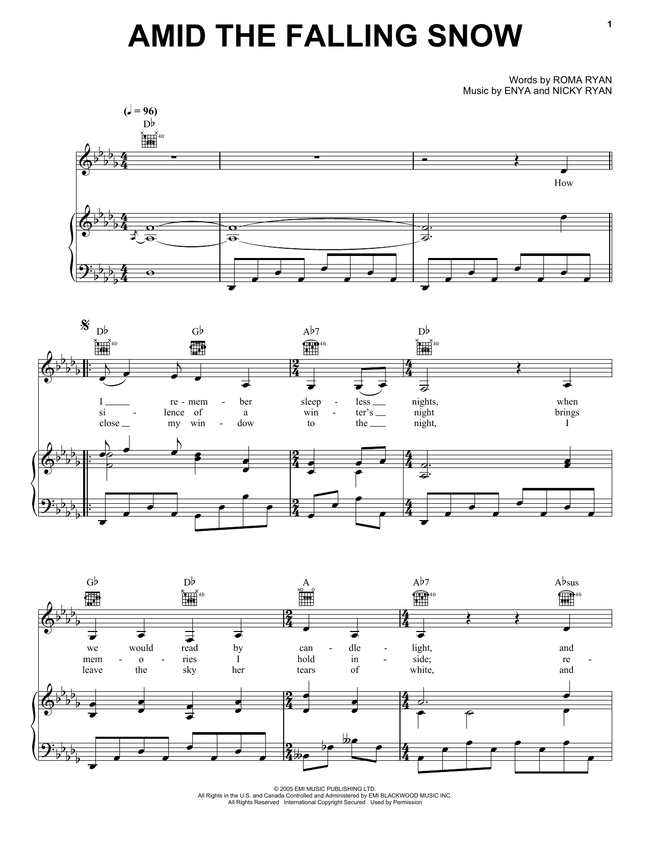 Enya Amid The Falling Snow sheet music notes and chords arranged for Piano, Vocal & Guitar Chords (Right-Hand Melody)