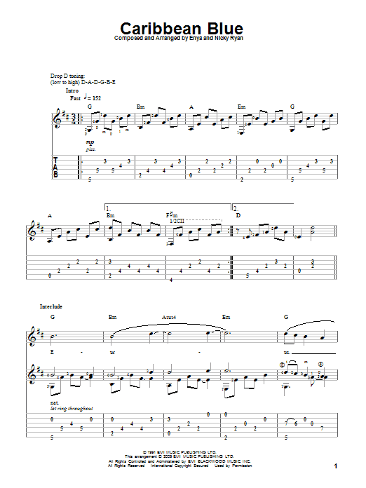 Enya Caribbean Blue sheet music notes and chords arranged for Solo Guitar