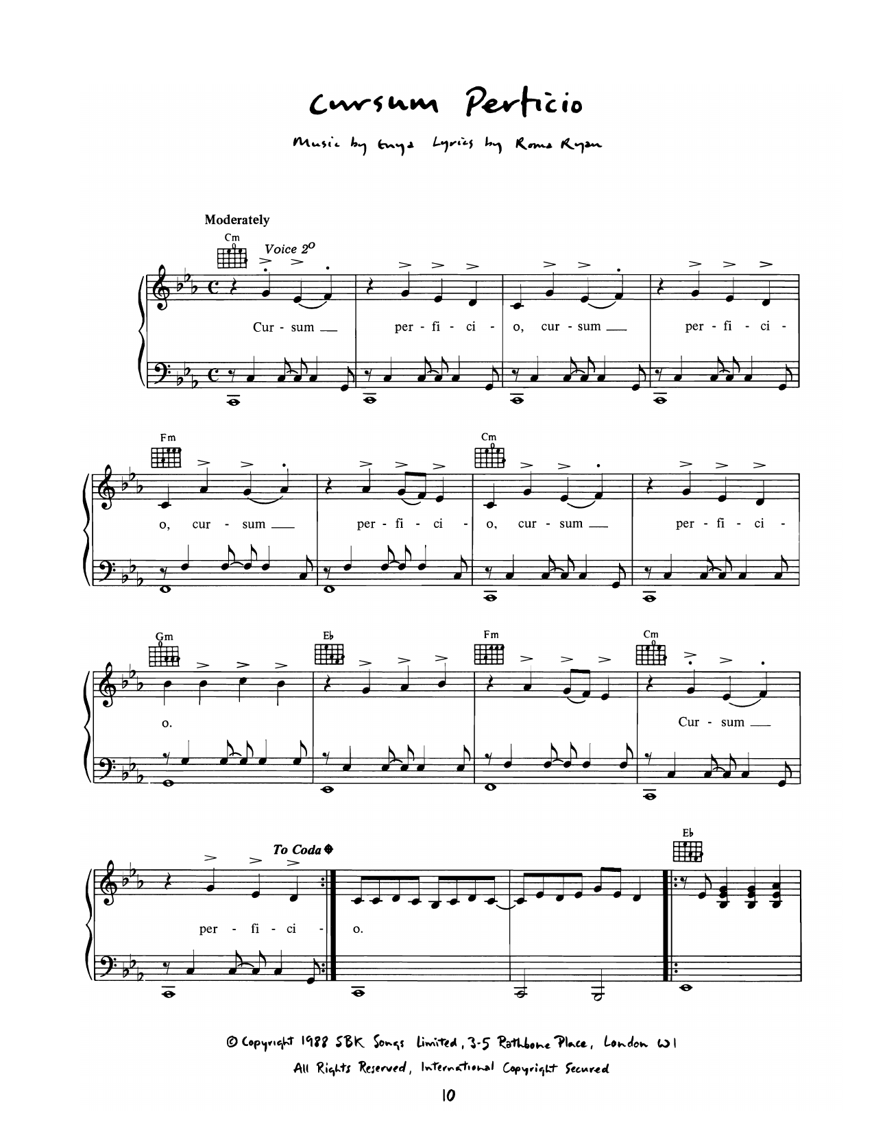 Enya Cursum Perticio sheet music notes and chords arranged for Piano, Vocal & Guitar Chords (Right-Hand Melody)