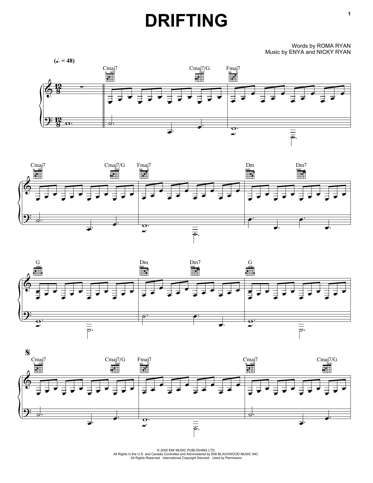 Enya Drifting sheet music notes and chords arranged for Piano, Vocal & Guitar Chords (Right-Hand Melody)
