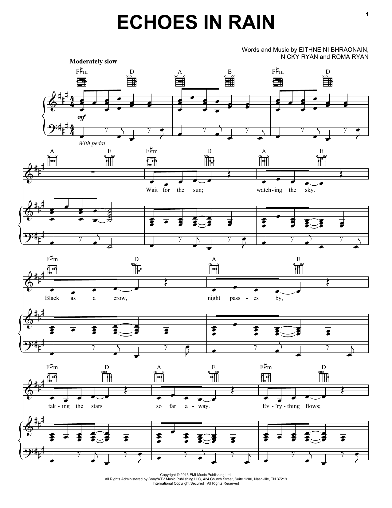 Enya Echoes In Rain sheet music notes and chords arranged for Piano, Vocal & Guitar Chords (Right-Hand Melody)