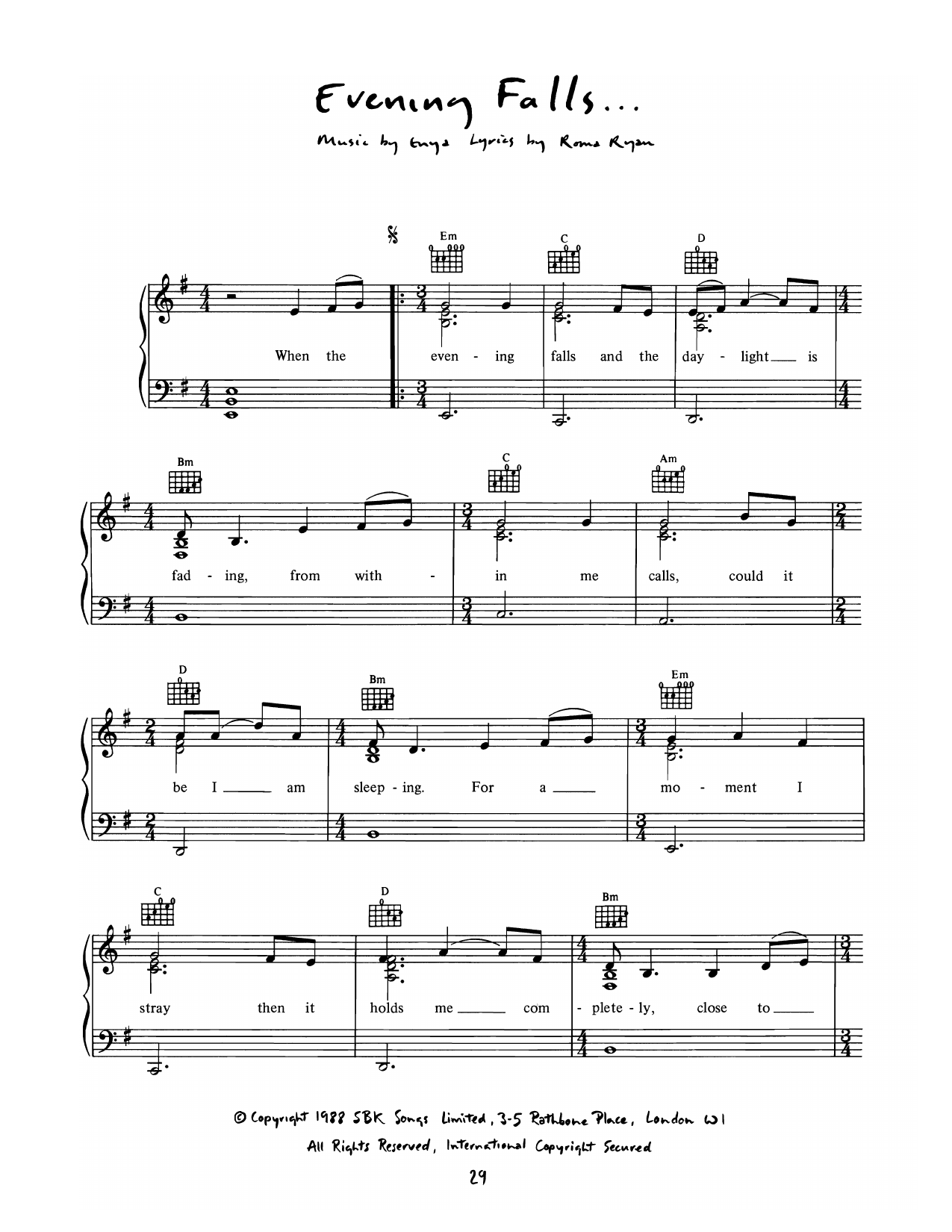 Enya Evening Falls sheet music notes and chords arranged for Piano, Vocal & Guitar Chords (Right-Hand Melody)