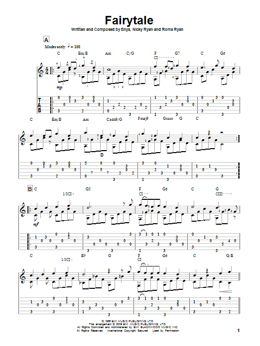 Enya Fairytale sheet music notes and chords arranged for Solo Guitar