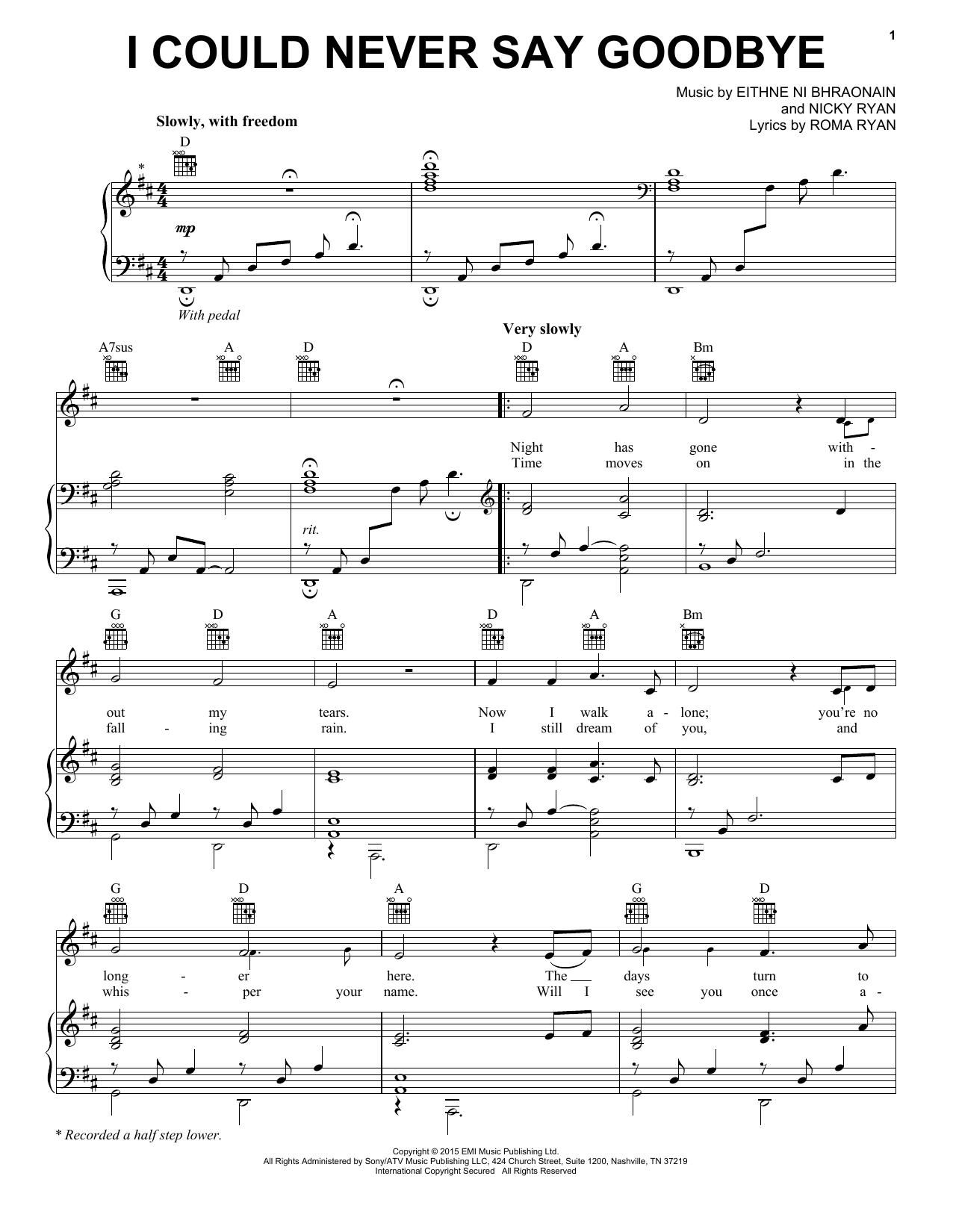 Enya I Could Never Say Goodbye sheet music notes and chords arranged for Piano, Vocal & Guitar Chords (Right-Hand Melody)