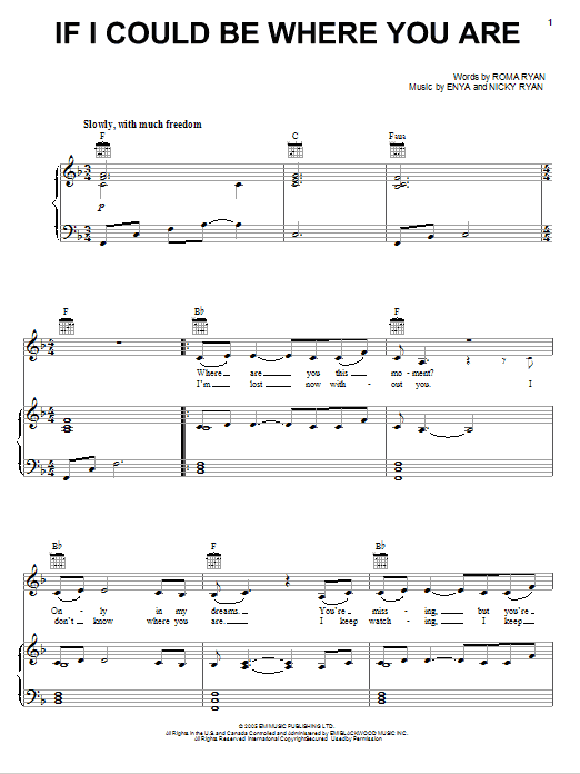 Enya If I Could Be Where You Are sheet music notes and chords arranged for Piano, Vocal & Guitar Chords (Right-Hand Melody)