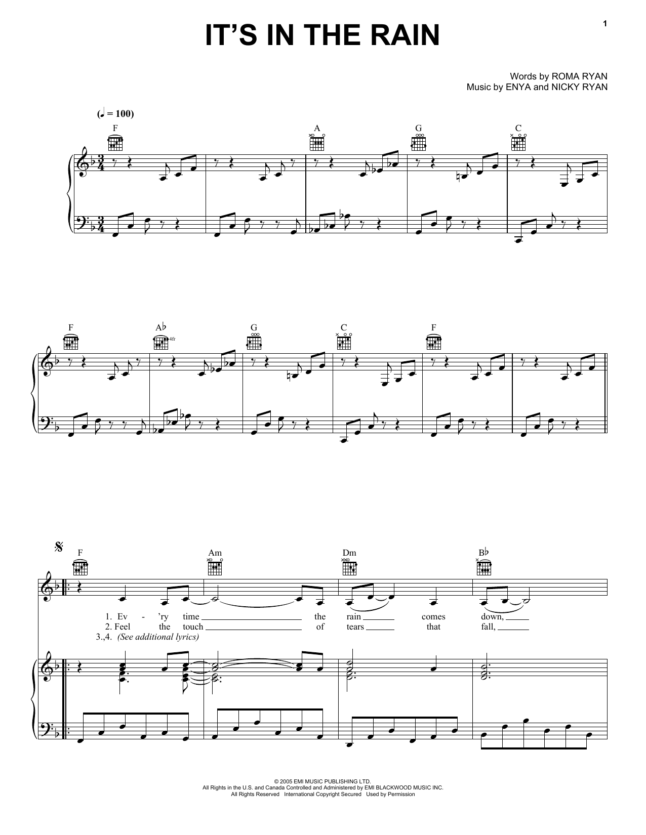 Enya It's In The Rain sheet music notes and chords arranged for Piano, Vocal & Guitar Chords (Right-Hand Melody)