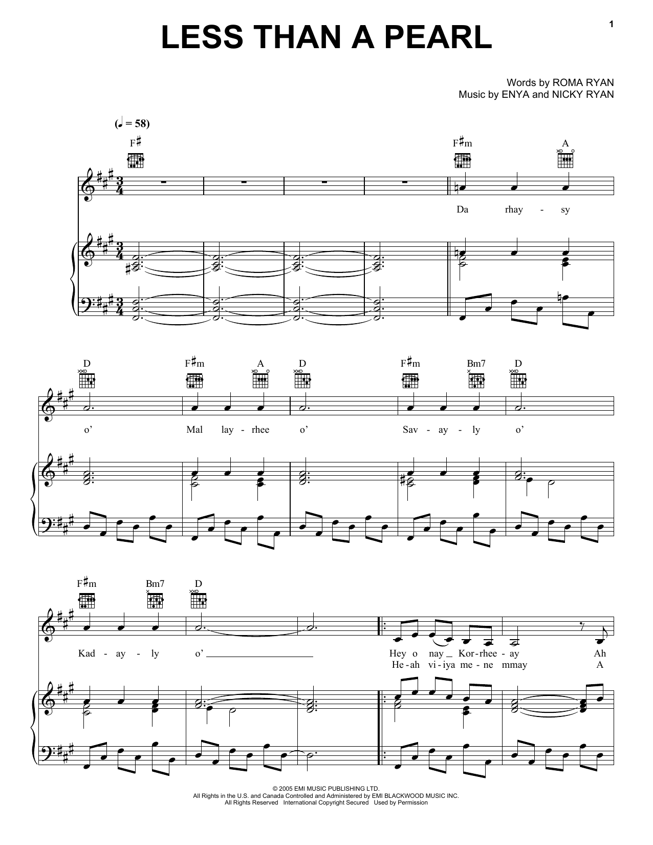 Enya Less Than A Pearl sheet music notes and chords arranged for Piano, Vocal & Guitar Chords (Right-Hand Melody)