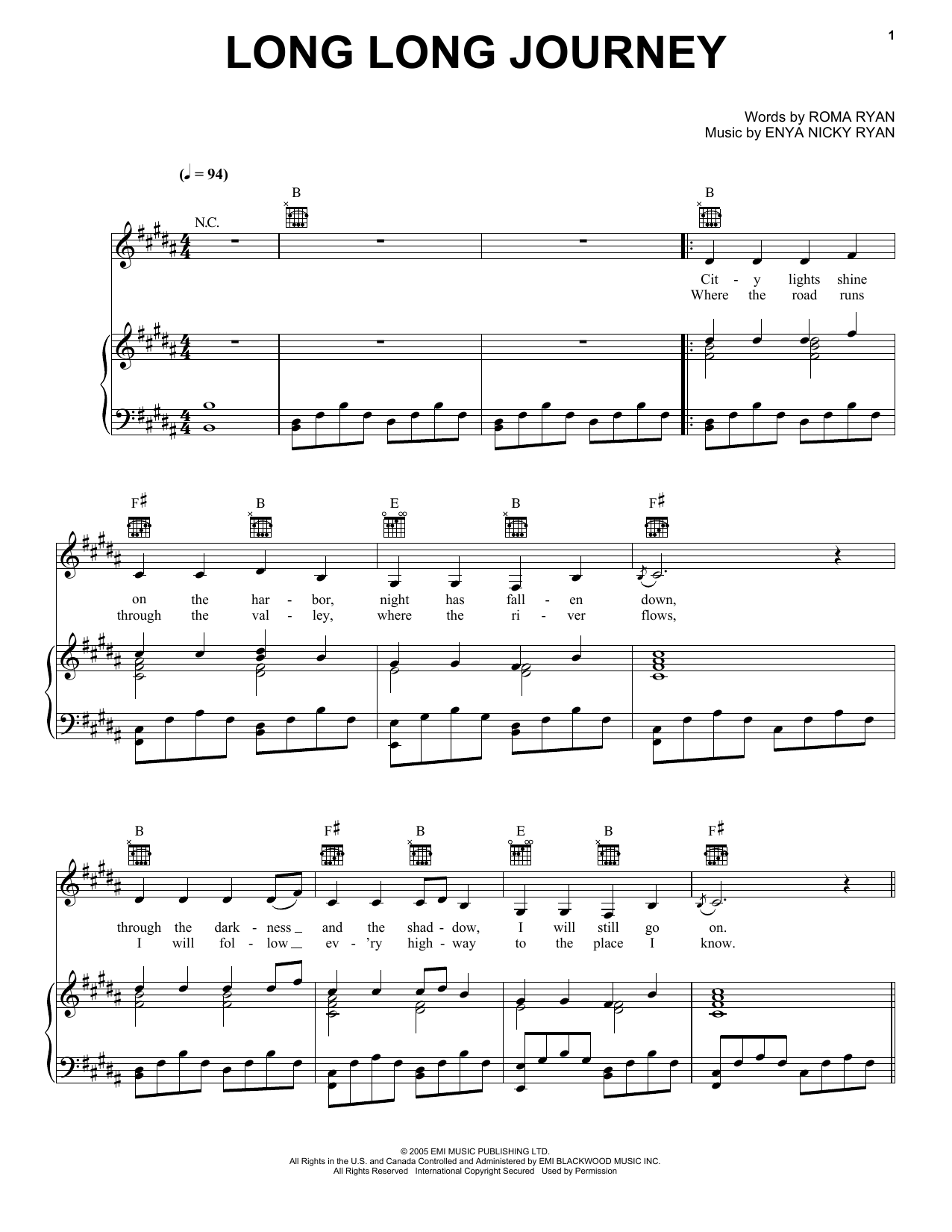 Enya Long Long Journey sheet music notes and chords arranged for Piano, Vocal & Guitar Chords (Right-Hand Melody)